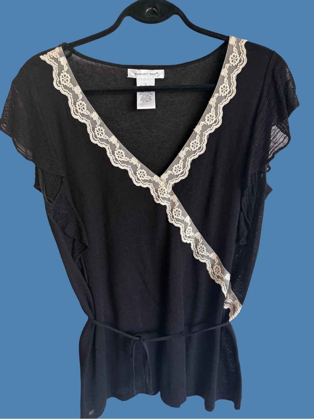 august silk Black Knit Top with cream lace